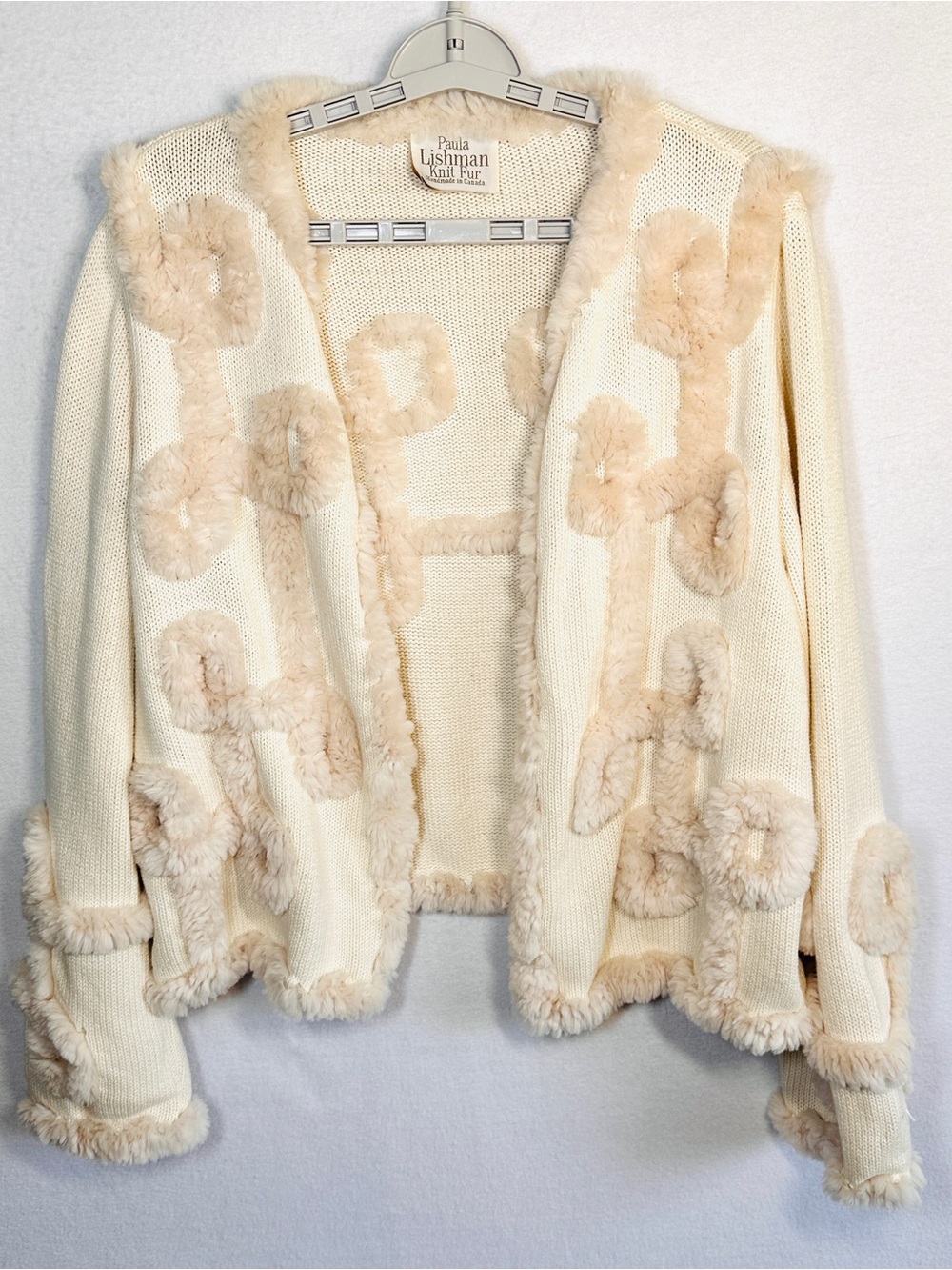 Paula Lishman Knit Fur Cardigan Sweater XL Cream Ivory Handmade Beaver Pelt